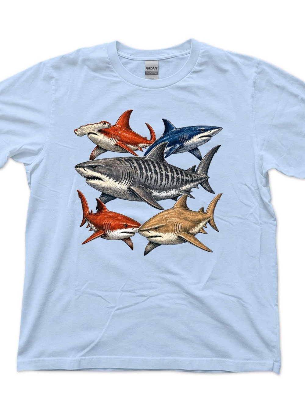 Gildan Light Blue Tee with Multi-Shark Illustration